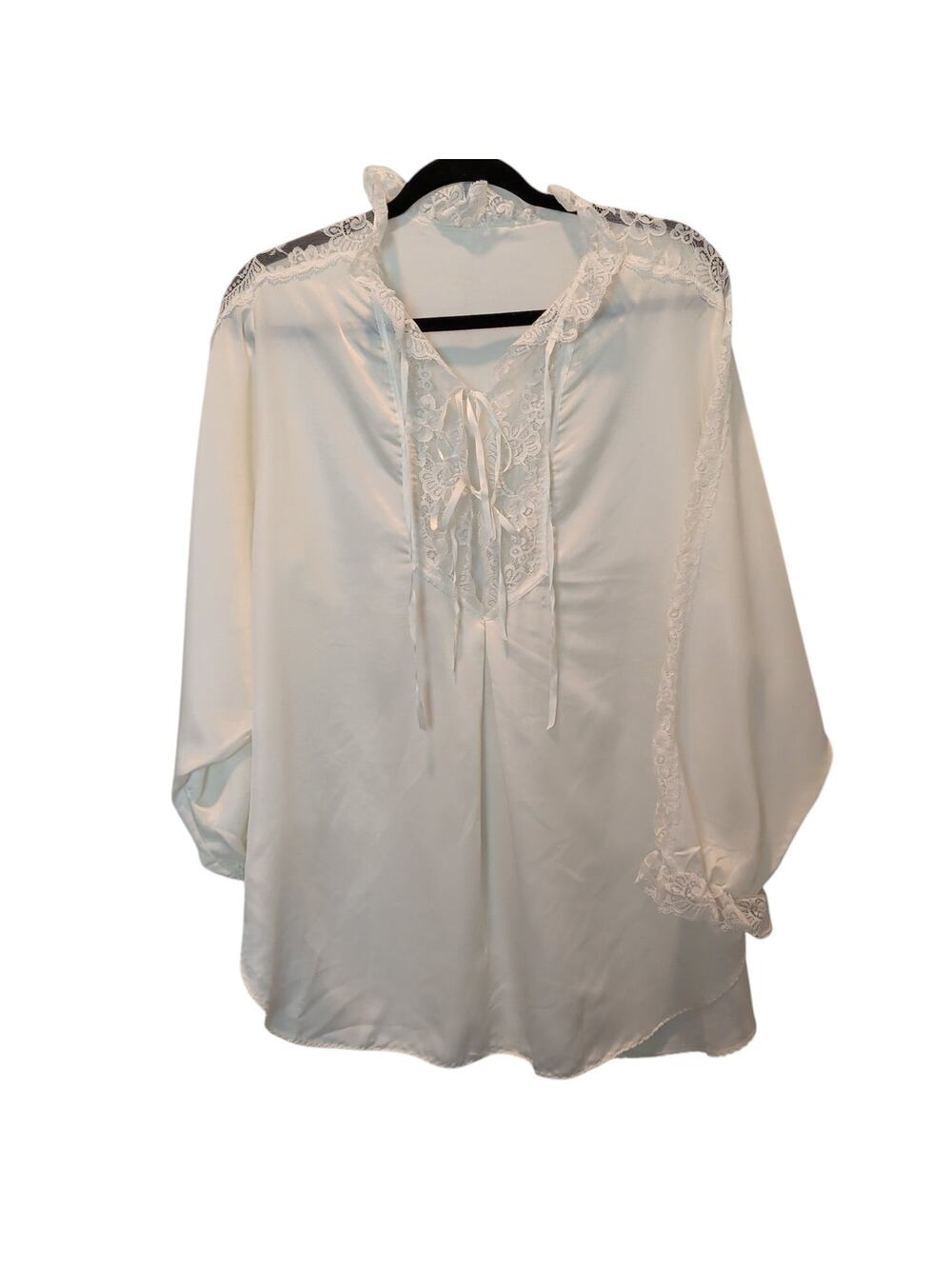 Vintage Olga Women's Ivory Satin Lace Blouse Tie Neck Made in USA Regency